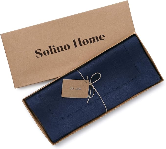 Solino Home Linen Navy Blue Table Runner 60 Inches - Classic Hemstitch, 100% Pure Linen Coffee Table Runner 14 x 60 Inch Ideal for Dresser Tables - New Year