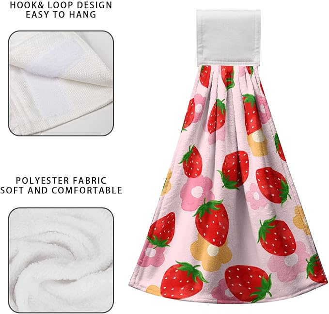 Strawberry Hand Tie Towel Pink Red Fruit Hanging Kitchen Towel with Loop Summer Strawberry Haning Dish Towels Soft Absorbent for Kitchen Bathroom Aceesories Decor Set of 2