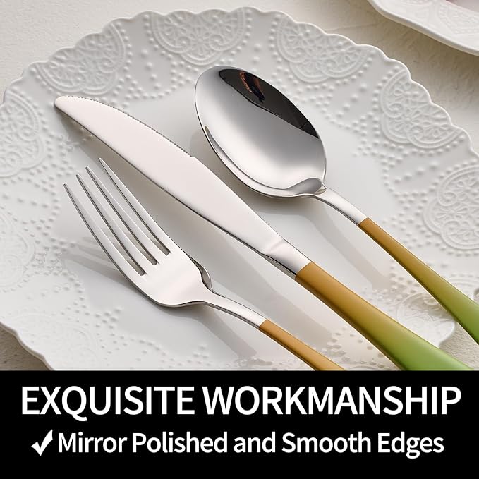 20-Pieces Color Silverware Sets for 4,Green and Orange Handle Stainless Steel Cutlery Set, Include Forks Spoons and Knives Set, Dishwasher Safe Utensil Sets for Home Restaurant