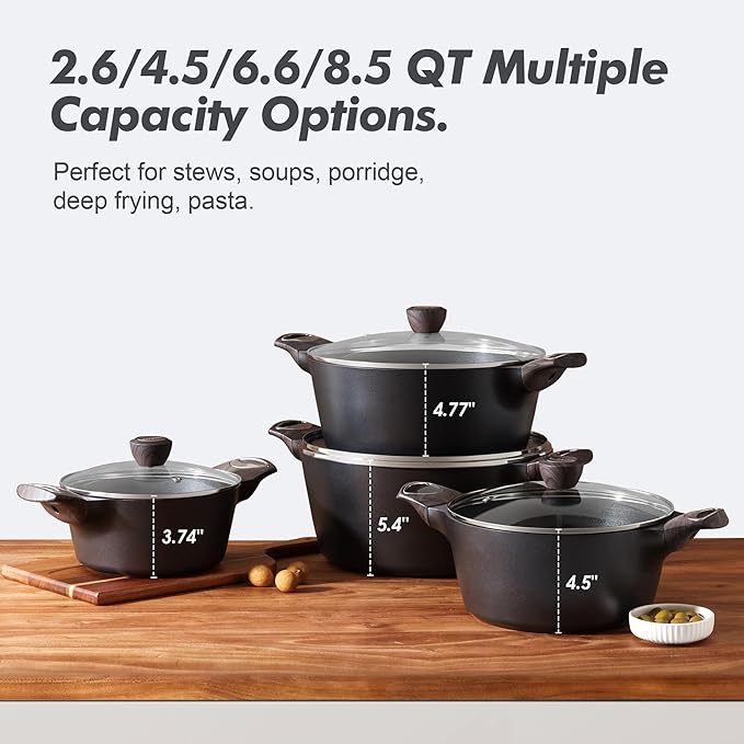 SENSARTE Nonstick Stock Pot with Lid, 2.6/4.5/6.6/8.5 QT Soup Pot Casserole Pot, Healthy Pasta Pot, Large Deep Cooking Pot, Big Sauce Pot Stew Pot, Induction Compatible, PFOA PFOS APEO Free, Black