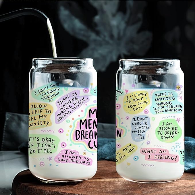 Positive Mental Health Gifts - My Mental Breakdown Cup Glass Cup with Lids and Straws 14oz, Inspirational Daily Affirmations for Women, Glass Coffee Tumbler Drinking Jars with Cleaning Brush
