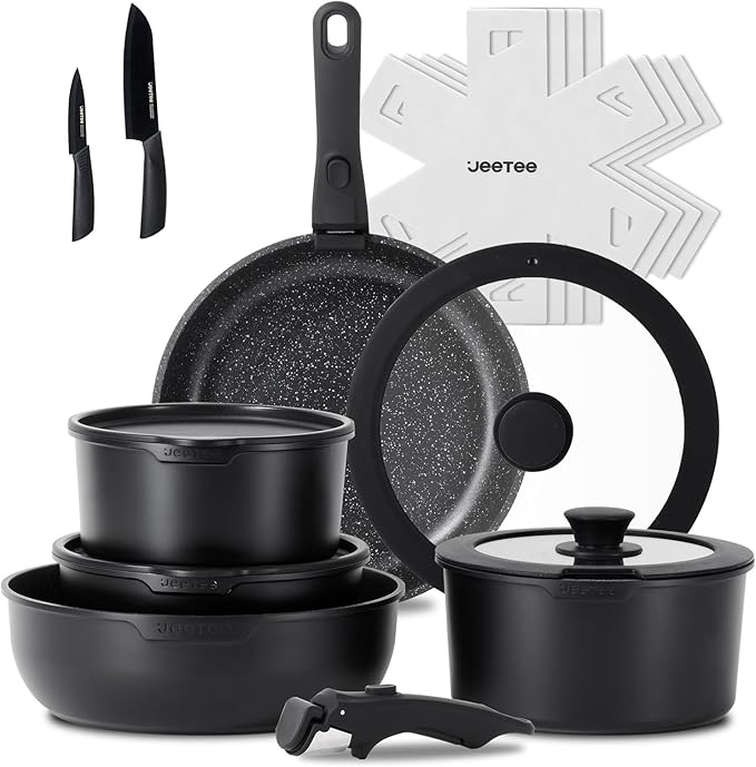JEETEE Pots and Pans Set Non Stick 17pcs, Kitchen Cookware Sets with Detachable Handle, Induction Nonstick Cookware Set with Removable Handle, Stackable RV Cookware, Oven Safe, PFAS/PFOA Free, Black