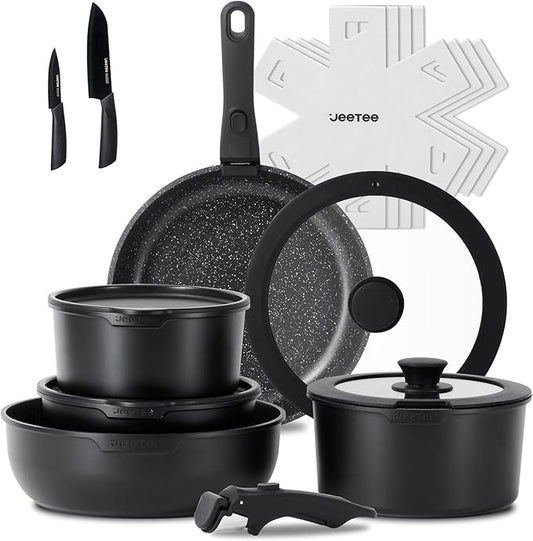 JEETEE Pots and Pans Set Non Stick 17pcs, Kitchen Cookware Sets with Detachable Handle, Induction Nonstick Cookware Set with Removable Handle, Stackable RV Cookware, Oven Safe, PFAS/PFOA Free, Black