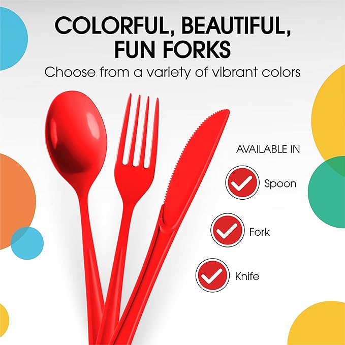 Party Solids Heavy Duty Red Plastic Disposable Cutlery - 200 Pieces, Flatware, Silverware, Plastic Spoons