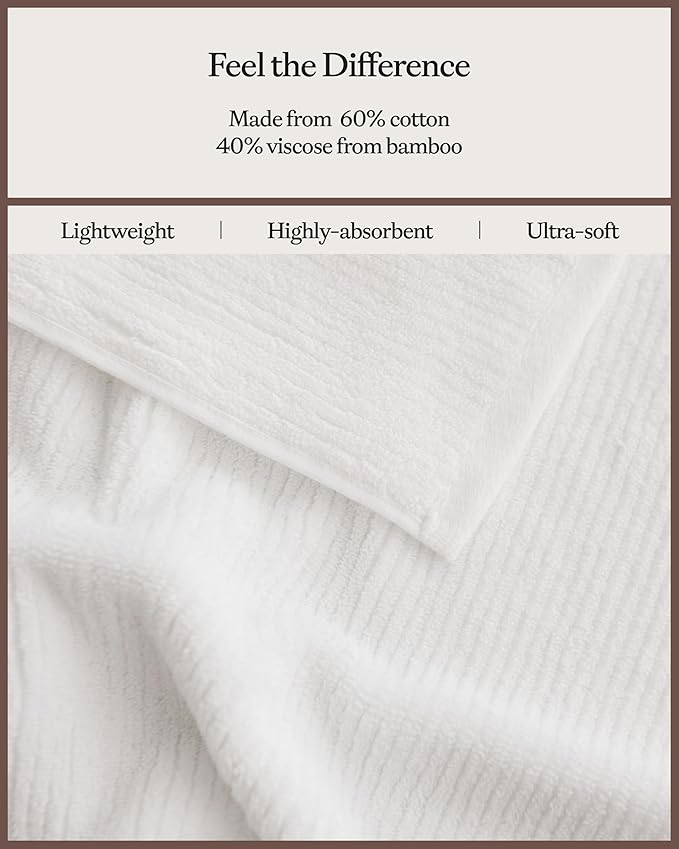 Cozy Earth Ribbed Hand Towel Set - 60% Cotton 40% Viscose from Bamboo Hand Towels - Soft & Absorbent Textured Ribbed Pattern - 2 Pack White