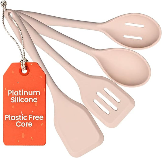 Non-Toxic Platinum Silicone Kitchen Utensil Set of 4 – Non-Scratch Cooking Spoon & Spatula, 100% Plastic Free, Stainless Steel Core, Heat Resistant 500°F, Beige