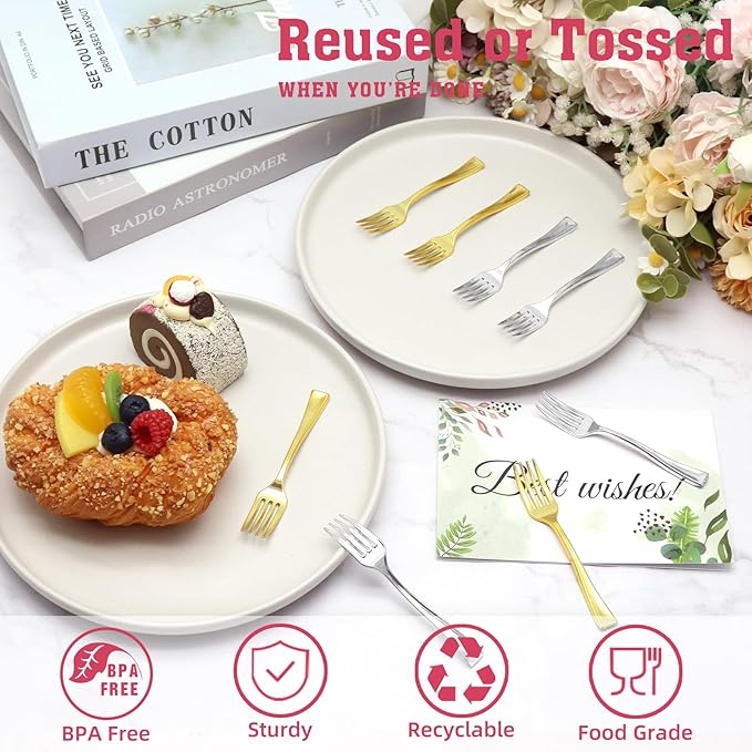 100 PCS Gold and Silver Mini Forks Heavy Duty, 4 inch Gold and Silver Plastic Fork, Mini Forks for Appetizers, Dessert Fork Disposable, BPA Free, Food Safe, Suitable for All Occasions