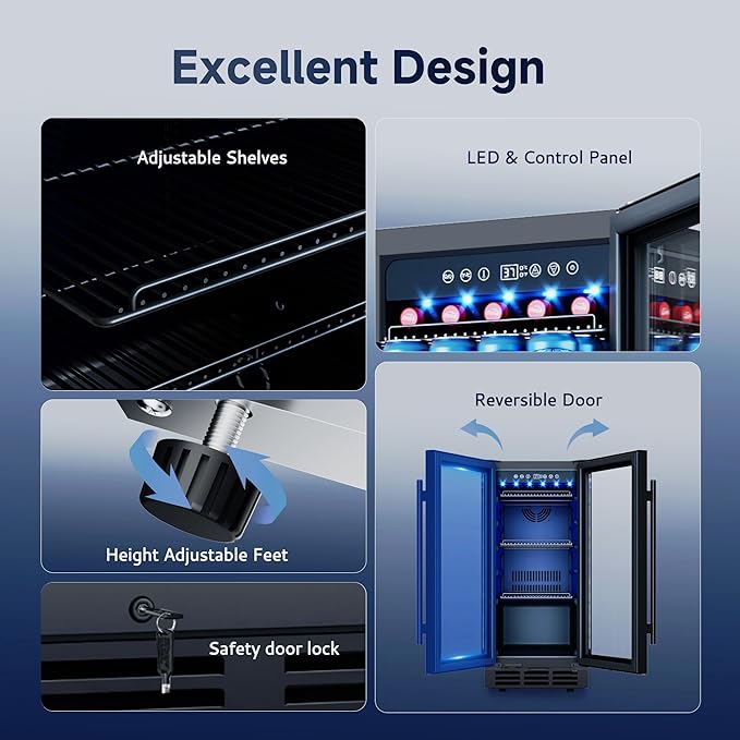 15 Inch Built-In Beverage Fridge, 132-Can Capacity Freestanding Drink Fridge with Tempered Glass Door & Blue LED Display, Adjustable Shelving for Home Bar, Kitchen, or Office Use (Black)