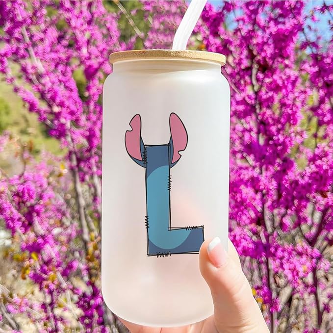 Cute Cartoon Lover Gifts Initial A-Z Personalized Iced Coffee Cup Cartoon Merch 16oz Glass Cup with Lid and Straws Birthday Christmas Gifts for Women Teen Girls Fans (Letter L)
