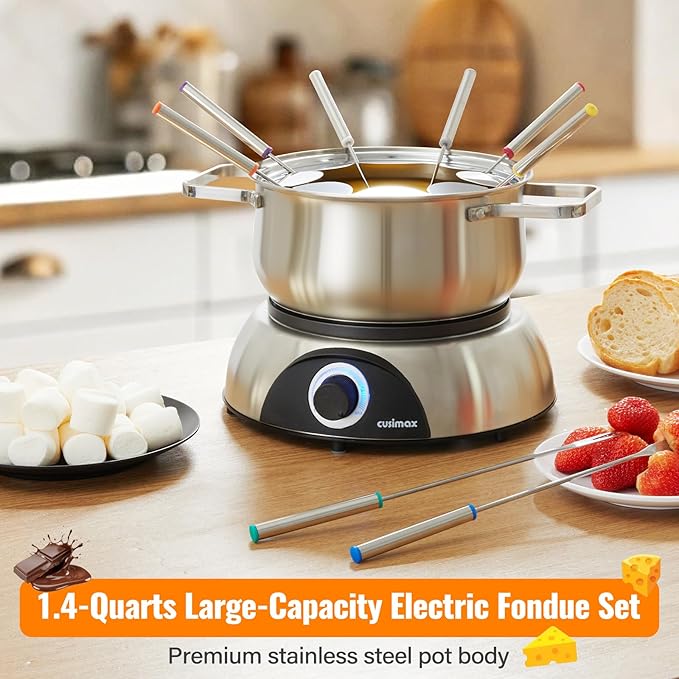 CUSIMAX Electric Fondue Set, 1500W Electric Fondue Pot with Luminated Control Dial, 8 Colour Coded Stainless Steel Forks, For Chocolate, Cheese, Broth, Oil, Stainless Steel Fondue Maker, 1.4Quart