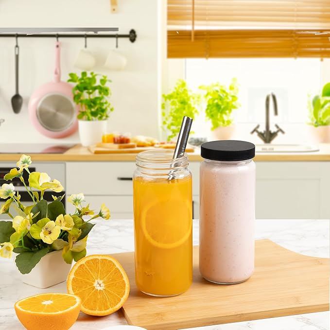 Glass Juice Bottles with Lids and Straws, 16 Oz - Set of 2 Reusable Clear Cups - For Drinking Smoothie, Iced Coffee, Juicing, Matcha, Water, Kombucha and More