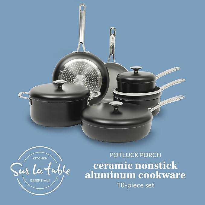 Sur La Table Kitchen Essentials Potluck Porch 10 Piece PFA Free Ceramic Non stick Interior Forged Aluminum Cookware Pots and Pans Set W/Aluminum Lids - Black - Induction Compatible