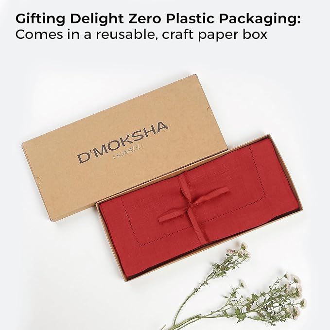 D'Moksha Homes Linen Bright Red Table Runner 90 Inches Long - Classic Hemstitch 100% Pure Linen Dining Table Runner 14 x 90 Inch for Winter, Holiday, New Year