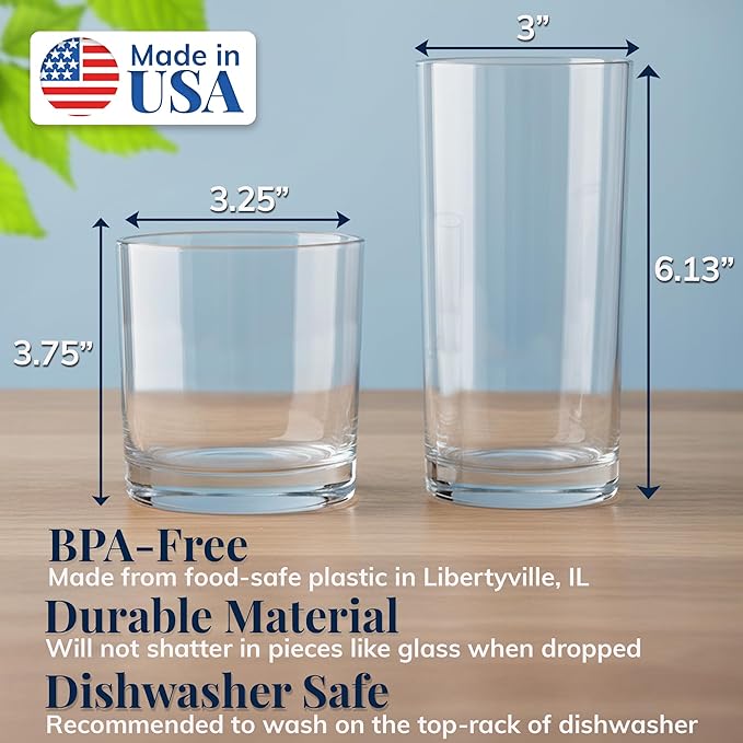 US Acrylic Classic Clear Plastic Reusable Drinking Glasses (Set of 8) 12oz Rocks & 16oz Water Cups | BPA-Free Tumblers, Made in USA | Top-Rack Dishwasher Safe
