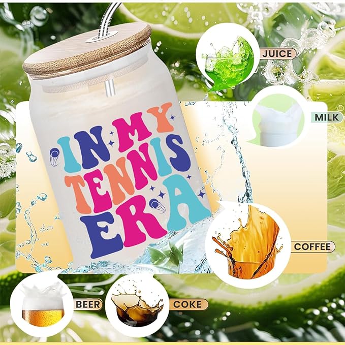 Tennis Gifts for Women, Iced Coffee Cup, Tennis Party Decorations, 16 oz Coffee Glass Cups with Lids Straws, Tennis Accessories, Tennis Stuff, Christmas Gifts for Women Coach Tennis Lovers Teams