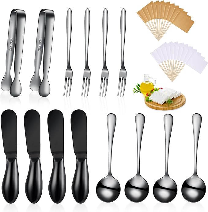 14 Pieces Charcuterie Board Accessories Cheese Spreader Knives Set Stainless Steel Charcuterie Utensils Spreader Knives Mini Serving Tongs Spoons and Forks for Cheese and Pastry Making (Black)