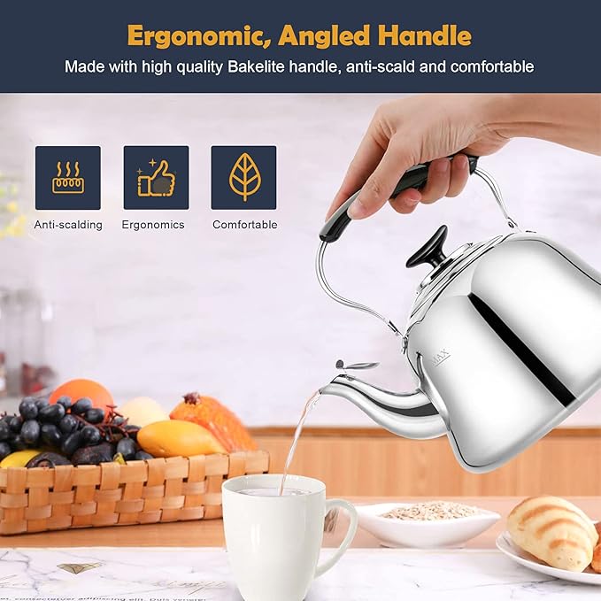 Tea Kettle Stovetop Whistling Teakettle ClassicTeapot Stainless Steel Tea Pots for Stove Top with Heat-resistant Folding Handle Mirror Finish, 2 liters