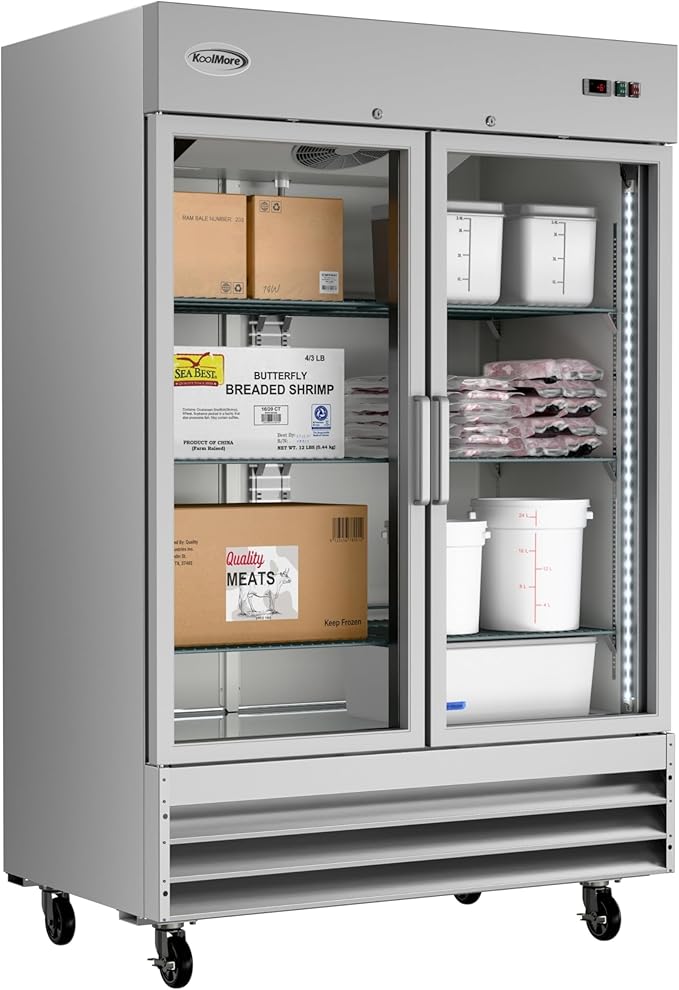 KoolMore Commercial Stainless-Steel Upright Freezer with Reach-In Self-Close Glass Doors, 6 Storage Shelves, Heavy-Duty Caster Wheels, Frost-Free Temperature Control - 47 Cu.Ft [Silver] (RIF-2D-GD)