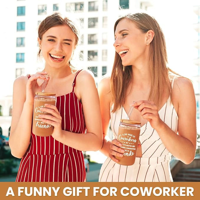 SANDJEST Coworker Gift for Women - 16oz Can Glass Coffee Cup - Funny Work Bestie Gift - Farewell Going Away Present for Female Colleagues and Friends