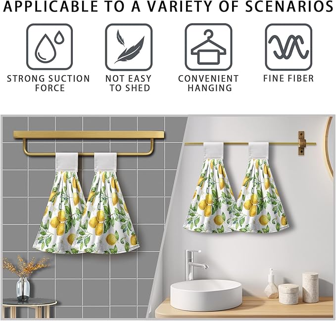 Spring Lemon Kitchen Hand Towels with Loop 2 Pcs Summer Leaves Yellow Lemons Hanging Dish Towels Soft Absorbent Tie Towel Dishcloths for Bathroom Kitchen Washroom 17 x 12 in