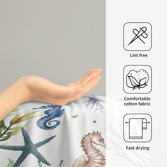 Imiss Nautical Coastal Hand Towels Coral Starfish Seashell Kitchen Towels 14.4 x 28.3 Inch Sea Themed Dishcloth Summer Beach Decorative Washcloth for Face Yoga Gym Spa