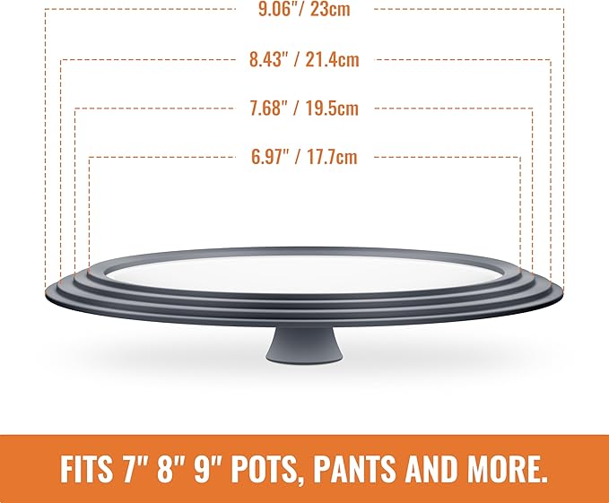Universal Lids for Pots, Pans and Skillets, 7", 8" and 9" Pan Lid, Tempered Glass Pot Lid with Silicone Rim Heat Resistant, Replacement Pan Cover for Frying, Cookware & Bakeware Lids, Grey