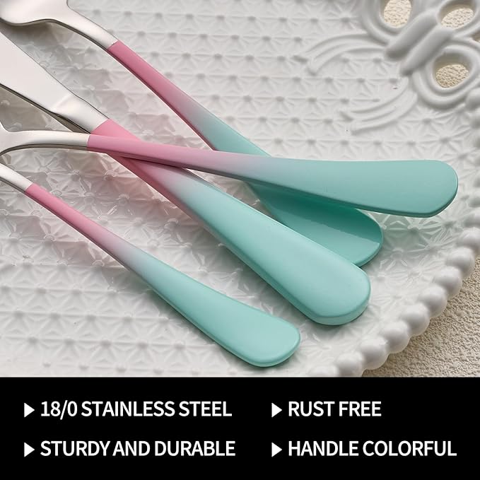20-Pieces color Silverware Sets for 4,Pink and Green Handle Stainless Steel Cutlery Set, Include Forks Spoons and Knives Set, Dishwasher Safe Utensil Sets for Home Restaurant