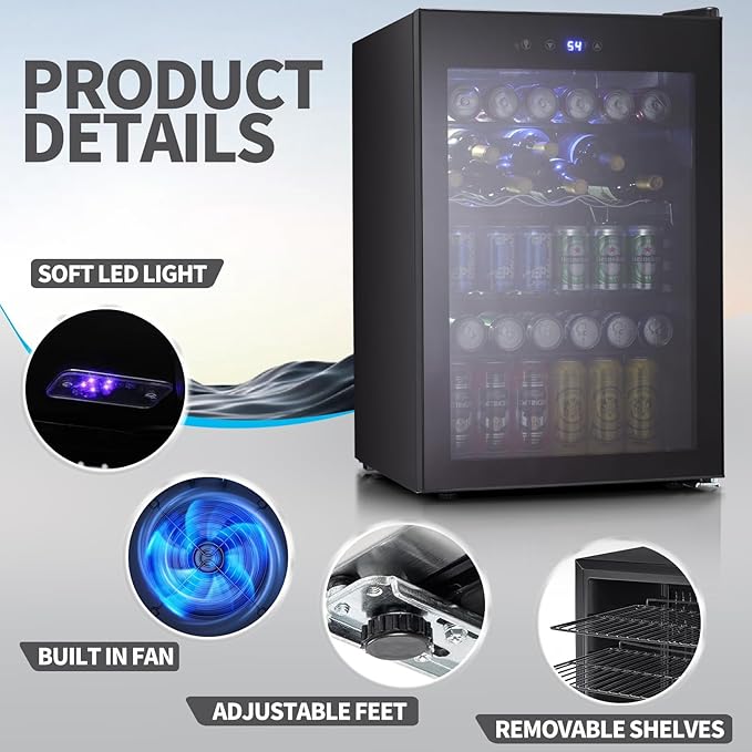 Antarctic Star Beverage Refigerator Cooler -145 Can Mini Fridge for Soda Beer or wine,with glass door, For Office or Bar with Adjustable Removable Shelves，4.4 Cu. Ft. (Black)