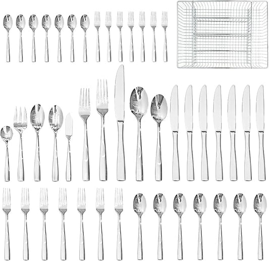 HIKAA 45-Piece Silverware Set with Organizer, Heavy Duty Stainless Steel Flatware for 8, Cutlery Utensil Sets with Serving Utensils, Mirror Polished, Dishwasher Safe