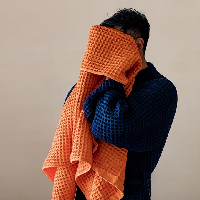 Luxury Organic Japanese Cotton Waffle Bath Towel | Thick, Absorbent, Quick Dry Bathroom Towels for Shower, Sauna, Onsen| Hotel & Spa Quality, Gift-Ready (Coral Orange, Face Towel, 16" x 16")