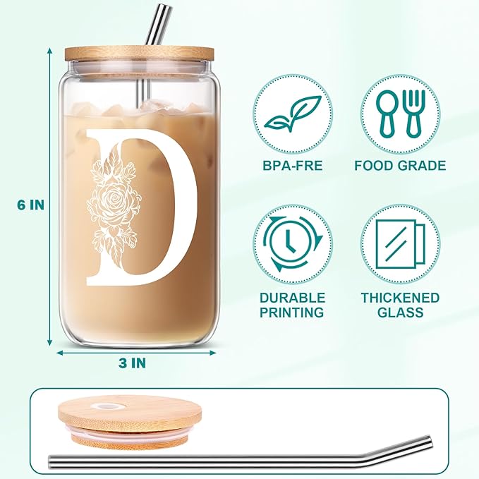 Gifts for Women, Birthday Christmas Mothers Day Thank You Gifts, Personalized Monogrammed Gifts for Sister Mom Friend Wife Gift Ideas 2024 D Coffee Iced Cute Glass Cups with Lids and Straws
