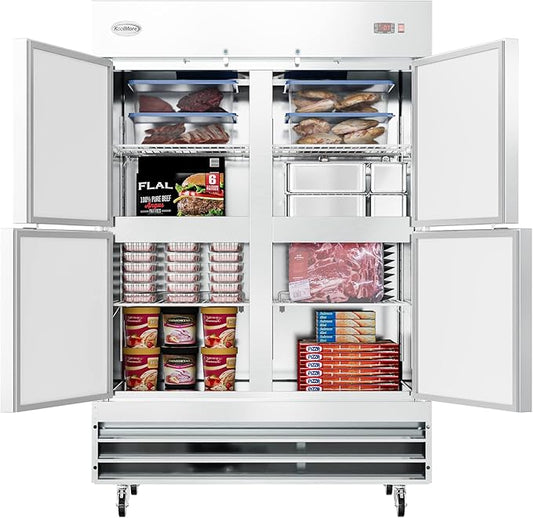 KoolMore RIF-2D-SSHD Commercial Stainless-Steel Reach-in Freezer with Half Door Access for Restaurant, Cafe, and Frozen Food Storage, Large 47 Cu. Ft. Capacity, Heavy Duty Kitchen Use, 4, Silver