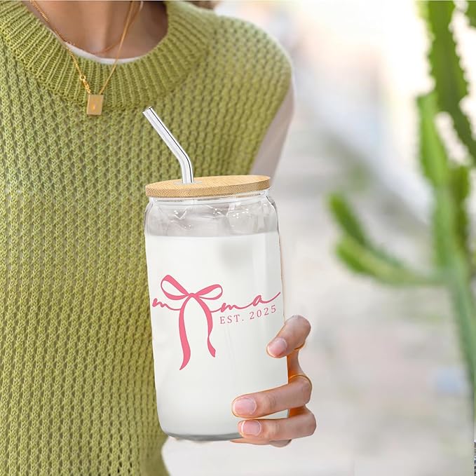 Mama Gifts Glass Cup with Lids and Straws 14oz, Best Mother's Day Birthday Gifts for Mama Mom from Daughters Sons Glass Iced Coffee Tumbler Drinking Jars with Cleaning Brush