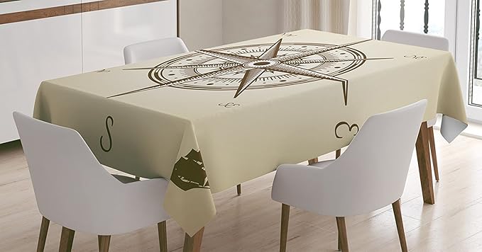 Ambesonne Compass Tablecloth, Compass Illustration Navigating Marine Instrument Antique Group Artwork Print, Rectangular Table Cover for Dining Room Kitchen Decor, 52" X 70", Beige Brown
