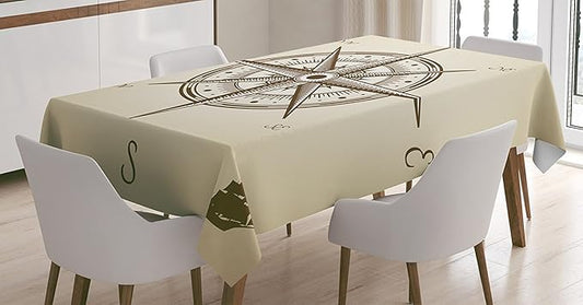 Ambesonne Compass Tablecloth, Compass Illustration Navigating Marine Instrument Antique Group Artwork Print, Rectangular Table Cover for Dining Room Kitchen Decor, 52" X 70", Beige Brown