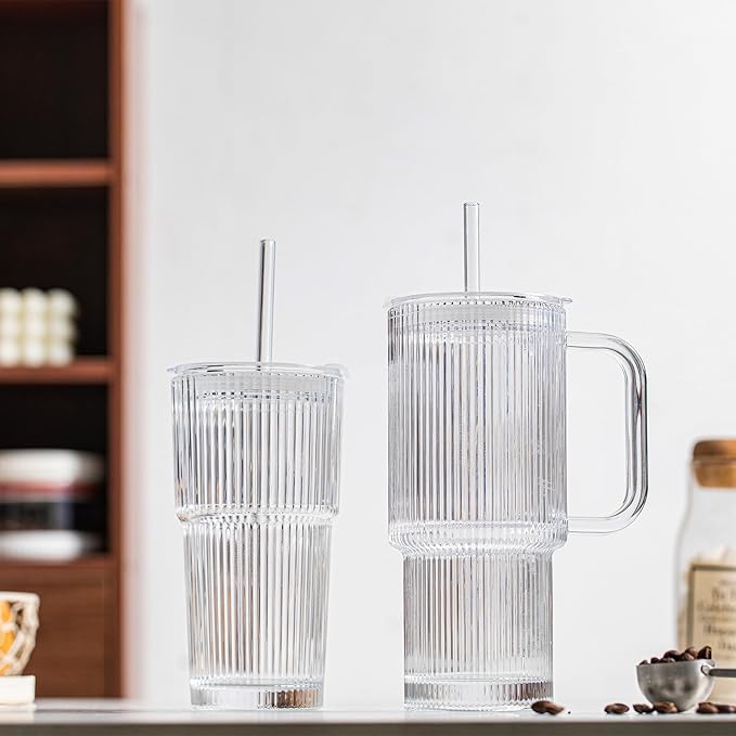 INSETLAN 26oz Ribbed Glass Tumbler with Handle & Lid – 2-Pack Large Iced Coffee Cups with Straws, Modern Glass Mug for Cold & Hot Beverages, Aesthetic Travel Cup for Smoothies, Tea, and Juice