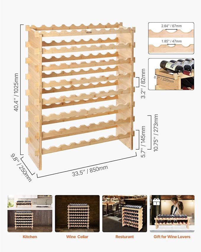 VEVOR 8-Tier 72 Bottles Stackable Modular Wine Rack, Freestanding Wines Holder Display Shelf, Solid Bamboo Wood Storage Racks, Wobble-Free Shelves for Kitchens, Dining Rooms, Cellars, Natural Color