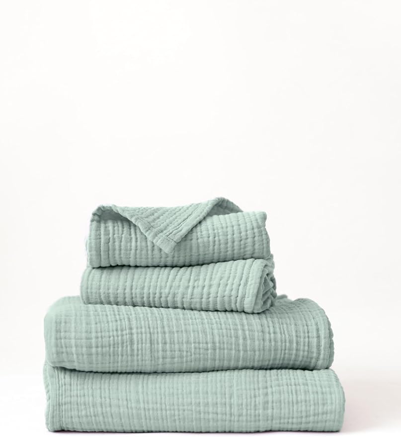 4 Pieces Muslin Towel Set for Bathroom, Luxury 100% Turkish Cotton Thin Soft Quick-Dry Lint-Free Large Size Bath Hand Towel Sets (Sage Green, 2 Bath & 2 Hand Towel Set)