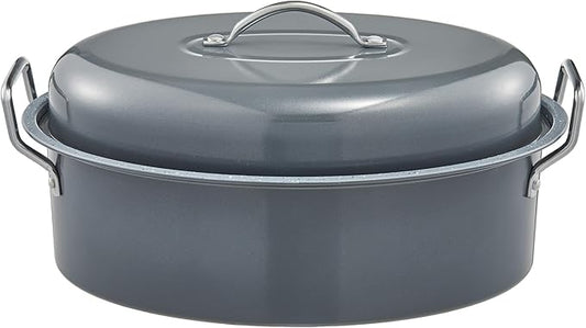 BRONYPRO Large Turkey Roasting Pan with Lid & Rack, 18-Inch Durable Granite Non-Stick Roaster, 20 lb Capacity for Roasting Turkey, Chicken, or Vegetables, Light Gray