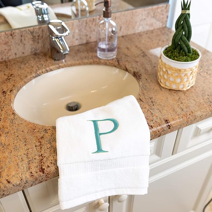 Teal Monogrammed Hand Towel for Bathroom - Initial Hotel Quality Decorative Embroidered Luxury Towel for Powder Room, Spa - GOTS Organic Certified - Pack of 2, Letter P