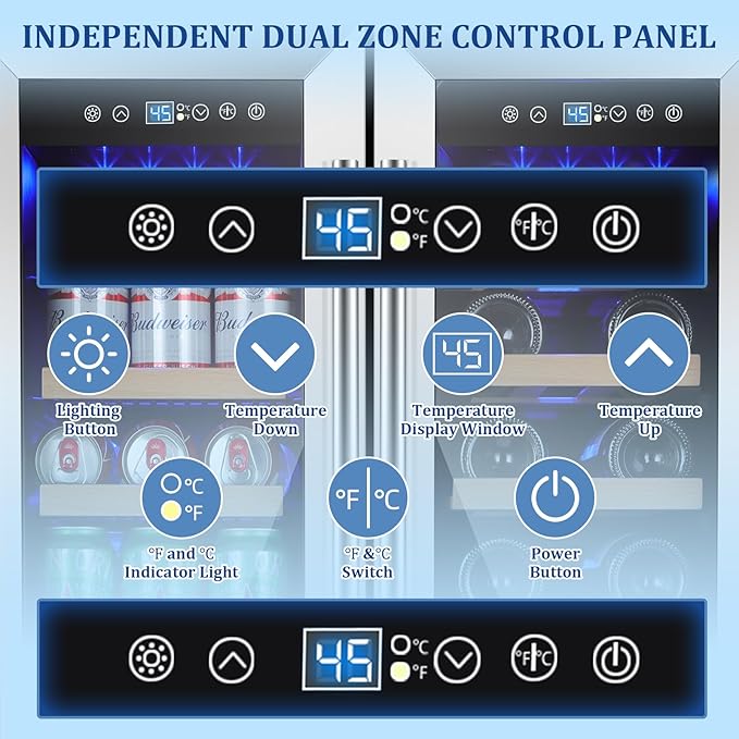 24 Inch Wine and Beverage Refrigerator, Dual Zone Beverage Cooler with Glass Door, Built-In or Freestanding Wine Fridge with Fast Cooling, 20 Bottles and 88 Cans Large Capacity