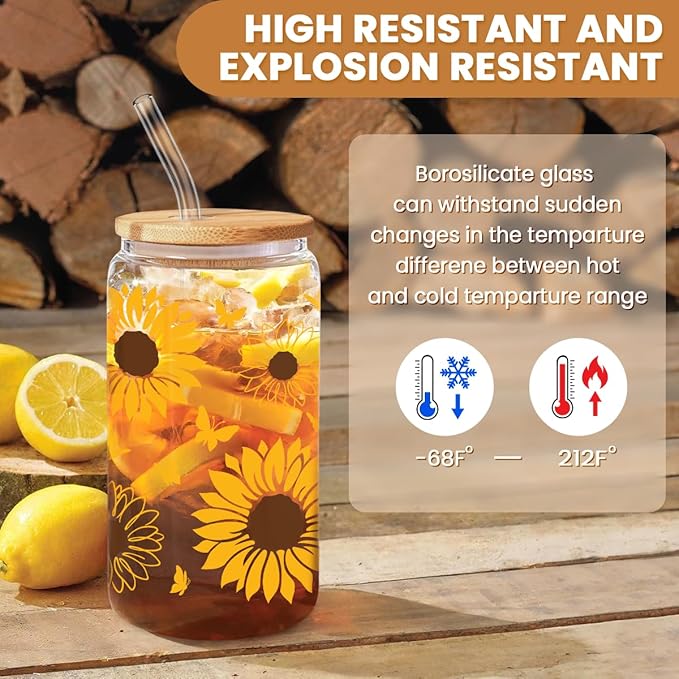 SANDJEST Sunflower Gifts for Women - Sunflower Cup 16 Oz Can Glass Coffee Cups with Bamboo Lid and Straw - Gift for Birthday