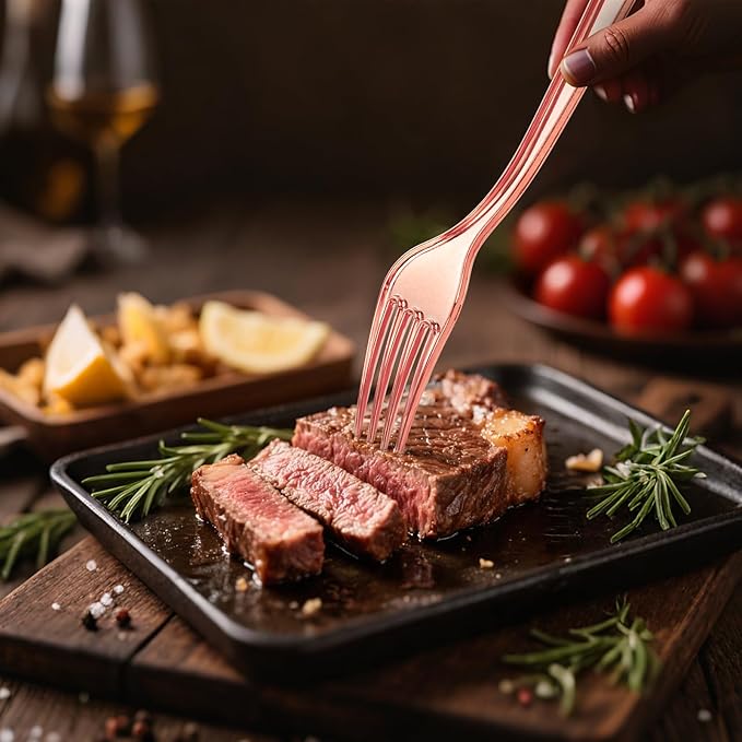 YOUBET 50PCS Rose Gold Plastic Forks - Heavy Duty Plastic Forks - Solid Durable Rose Gold Disposable Silverware for Party Picnic Wedding and Daily Use