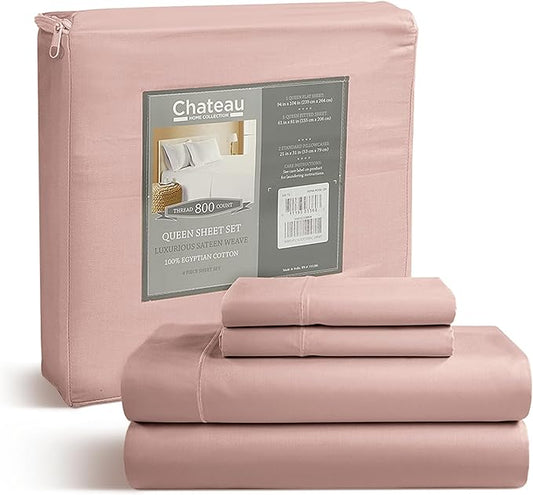 100% Cotton Bed Sheets Queen Size Bed Set, 800 TC 15" Deep Pocket Queen Sheet Set, Soft Breathable Sateen Weave Egyptian Cotton Sheets No Pill & Shrink, Machine Washable Pink Sheet- Sepia Rose