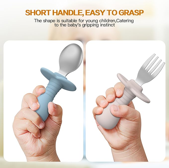 4 Pieces Toddler Utensils, Kids Silverware Set with Silicone Handle, 18/8 Stainless Steel Children Safe Forks and Spoons, BPA Free, Anti-Choke Design (Lite Blue, Grey)
