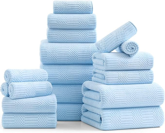 18 Pcs Blue Woven Family Towels Set-6 Bath Sheets,6 Hand Towels,6 Washcloths Soft Microfiber Towels Absorbent Shower Towel Quick Dry Beach Chair Towel Lint Less Towels Set for Bathroom Spa Gym Hotel