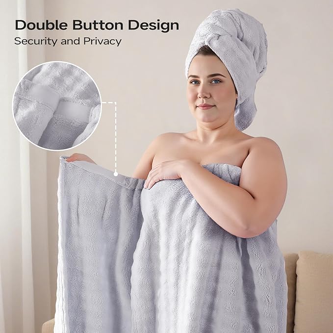 REDKISS Grey Towel Wrap for Women, XL Spa Shower Wrap with Hair Towel, Super Absorbent Bath Towels Robe for Body, Adjustable Microfiber Plush Bathrobe for Girls, Warmth Velcro Plus Size Wraps Towels