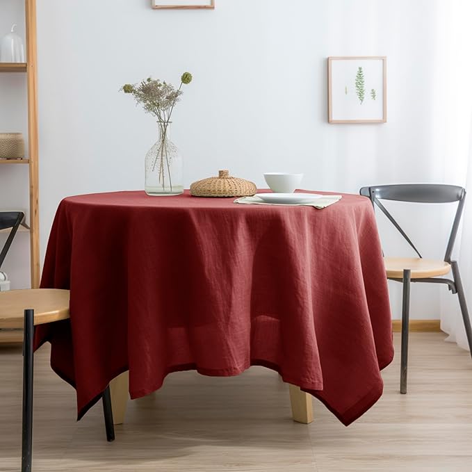 EVERLY 100% Pure Linen Round Tablecloths 80Inch Round Machine Washable Tablecloth for Thanksgiving,Decorative Halloween,Buffet Parties,Picnic,Events,Weddings and Restaurants-Christmas Red