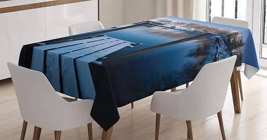 Ambesonne Landscape Tablecloth, Photo of Wooden Deck on The Shore of a Small Lake in Frozen Winter Sweden, Rectangular Table Cover for Dining Room Kitchen Decor, 60" X 84", White Brown