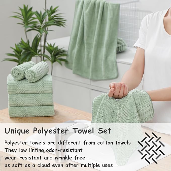 18 Pcs Green Woven Family Towels Set-6 Bath Sheets,6 Hand Towels,6 Washcloths Soft Polyester Towels Absorbent Shower Towel Quick Dry Beach Chair Towel Lint Less Towels Set for Bathroom Spa Gym Hotel